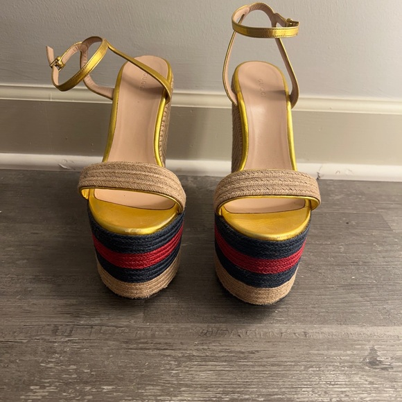 Gucci Raffia Metallic Web Platform Espadrilles - Picture 5 of 6